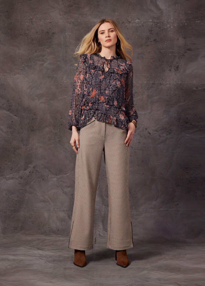 LS2641 Fearless Ruffle Top Indigo Multi RRP 399 LS2673 Agatha Pant Tan Houndstooth RRP 349 1